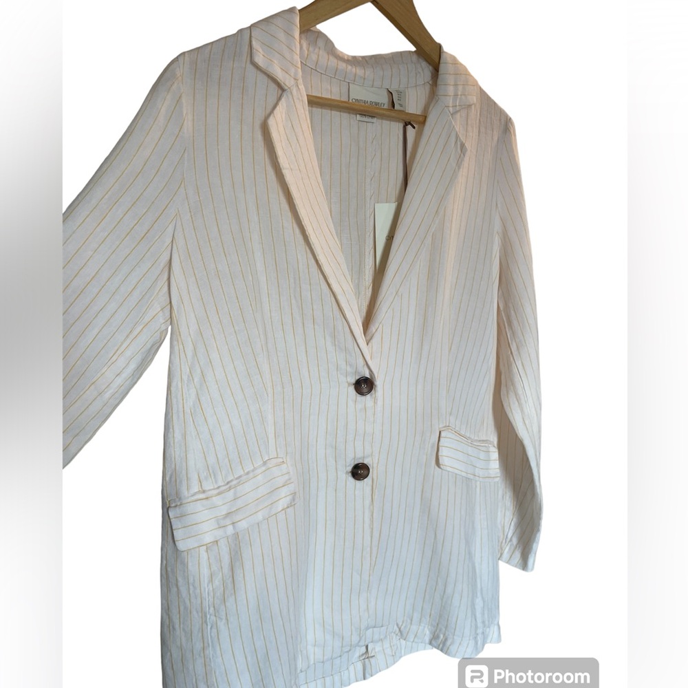 CYNTHIA ROWLEY White/Yellow Pin Stripe Linen Blazer Jacket NWT - Size Small - Picture 3 of 11